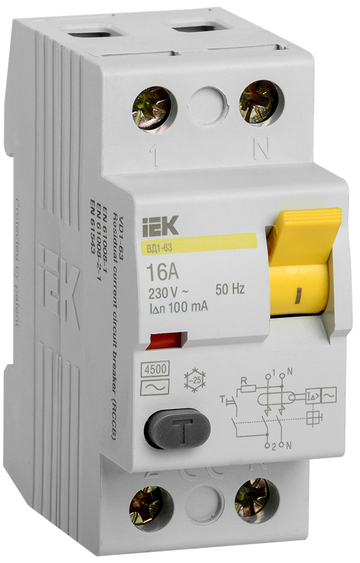 Выключатель дифференциальный (УЗО) 2п 16А 100мА тип AC ВД1-63 IEK MDV10-2-016-100