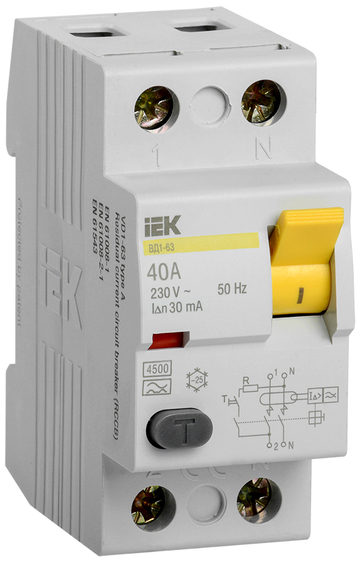 Выключатель дифференциальный (УЗО) 2п 40А 30мА тип AC ВД1-63 IEK MDV10-2-040-030