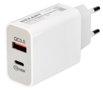18-2216 ∙ Сетевое зарядное устройство Rexant USB-A+USB-C адаптер, 18W белое