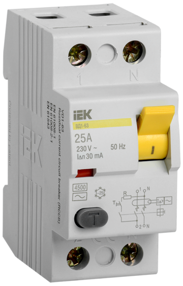 Выключатель дифференциальный (УЗО) 2п 25А 30мА тип AC ВД1-63 IEK MDV10-2-025-030