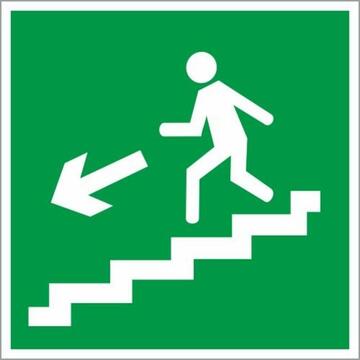 Знак безопасности Знак E14 Направление к эвакуационному выходу по лестнице вниз (левосторонний) (Пленка фотолюм (не гост) 200х200 мм)