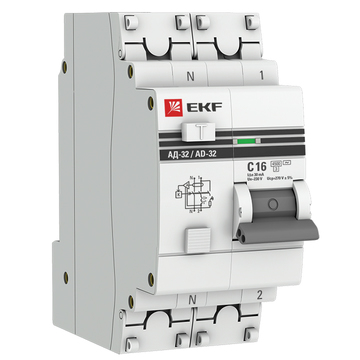 Автоматический выключатель дифференциального тока 2п C 16А 30мА тип AC 4.5кА АД-32 2мод. защита 270В электрон. PROxima EKF DA32-16-30-pro